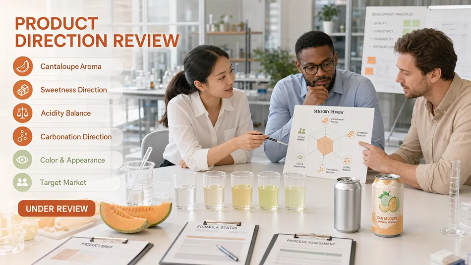 Cantaloupe beverage samples under flavor sweetness carbonation and appearance review
