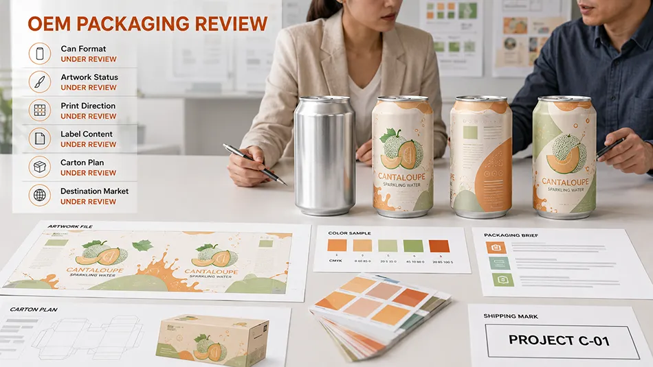330ml Cantaloupe Sparkling Water can artwork and packaging brief under project review