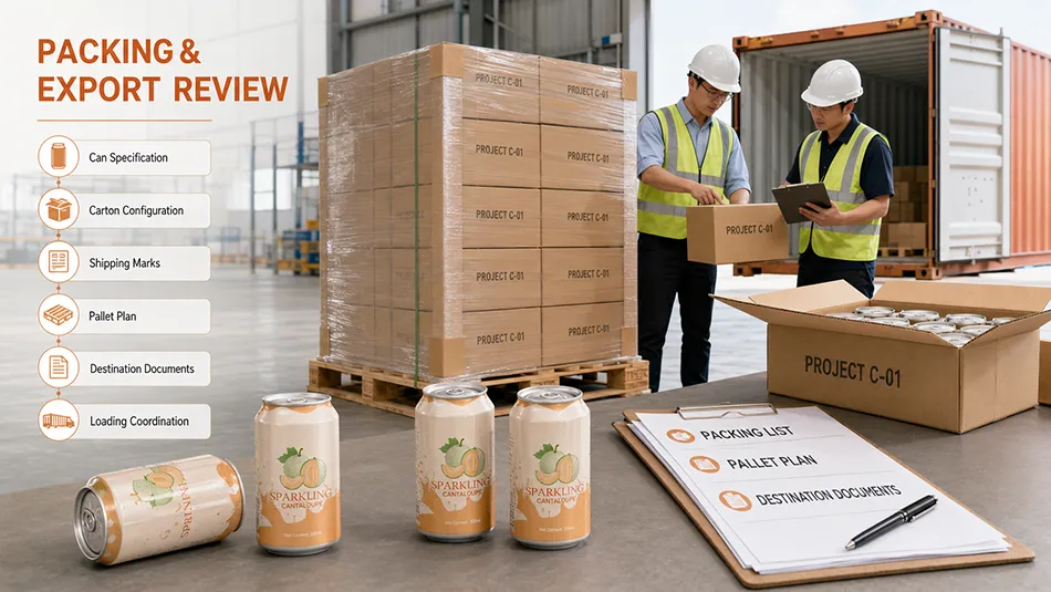 Cartons pallets and export documents prepared for 330ml Cantaloupe Sparkling Water