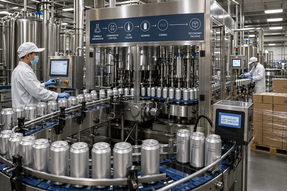 Carbonated beverage cans moving through filling seaming and coding operations