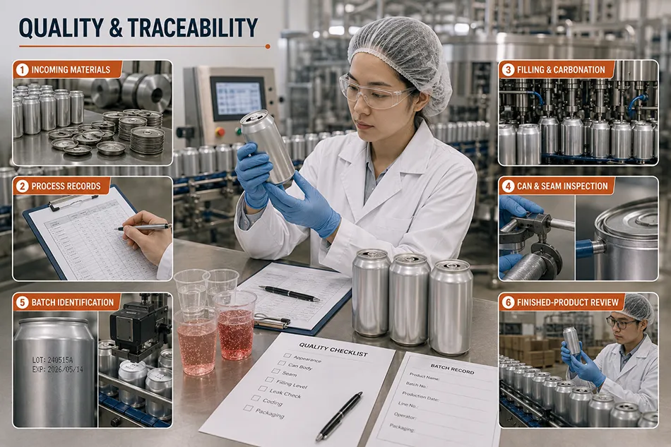 Quality team reviewing carbonated beverage filling can seams coding and batch records