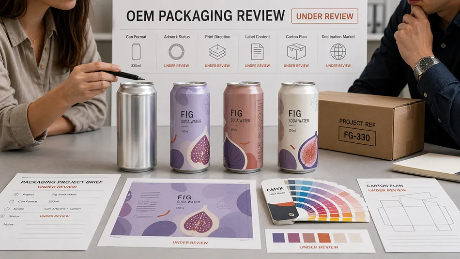 330ml Fig Soda Water can artwork and packaging brief under project review