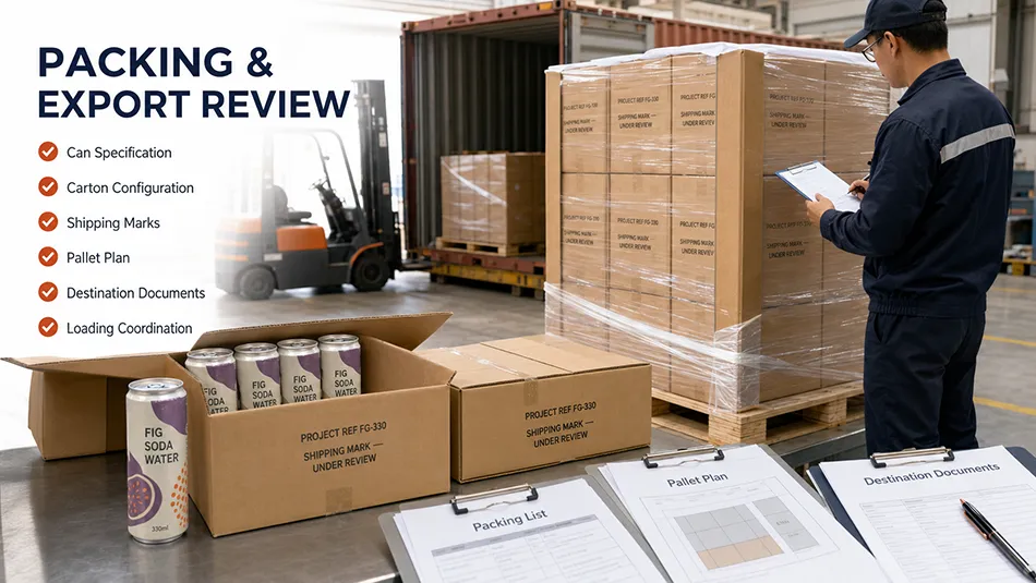 Cartons pallets and export documents prepared for 330ml Fig Soda Water