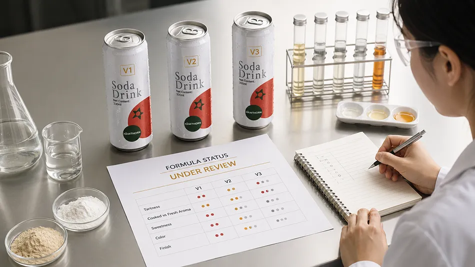 Hawthorn beverage sample versions and ingredient-form options under formula review