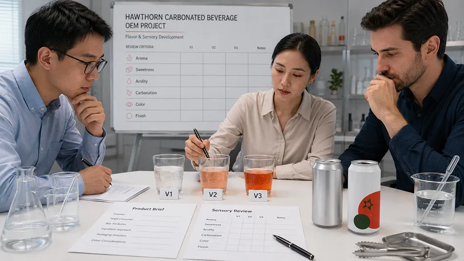 Numbered Hawthorn beverage samples under aroma sweetness acidity and carbonation review
