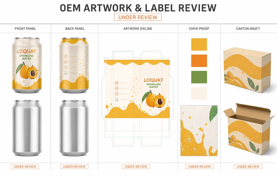 330ml Loquat Sparkling Water blank can concept artwork and carton draft under label review