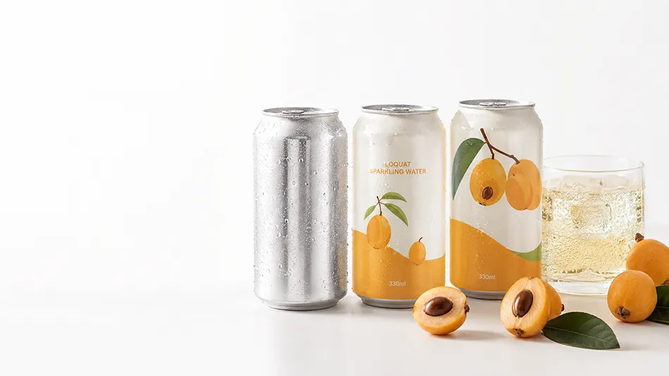 Unbranded 330ml Loquat Sparkling Water concept cans with a silver blank can for OEM project review