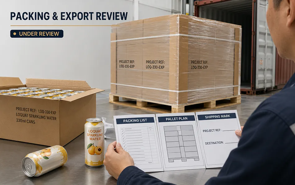 330ml Loquat Sparkling Water cartons pallet plan and shipping marks under export review