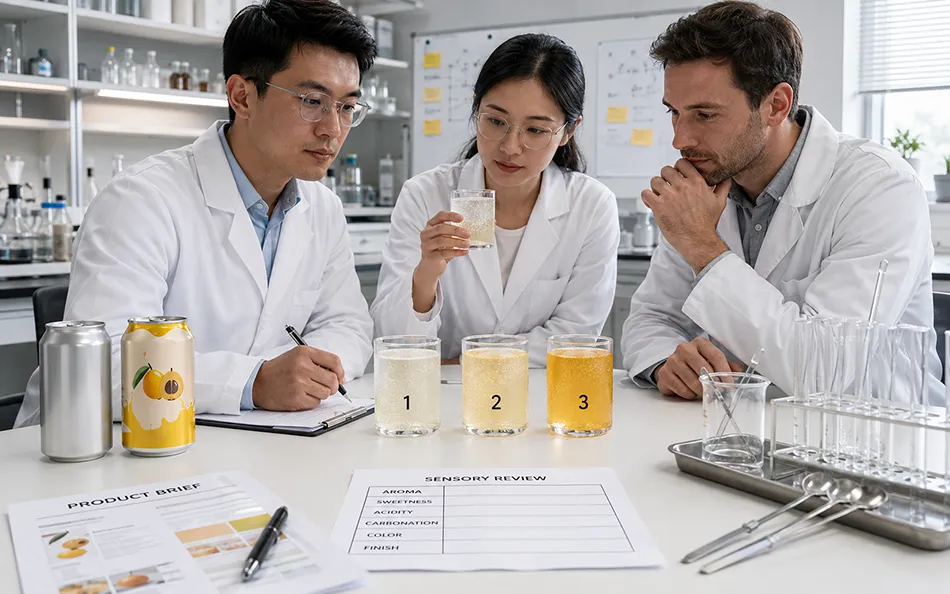 Numbered Loquat beverage samples under aroma sweetness acidity and carbonation review