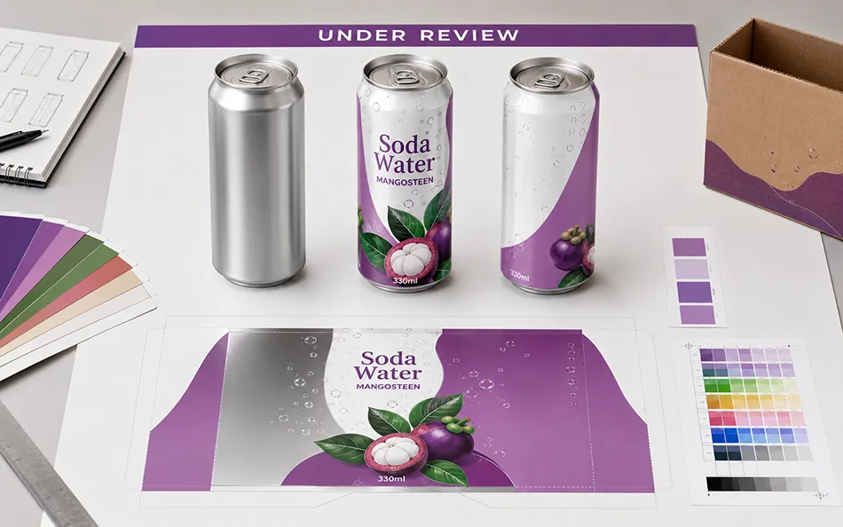 330ml Mangosteen Soda Water blank can concept artwork and carton draft under label review