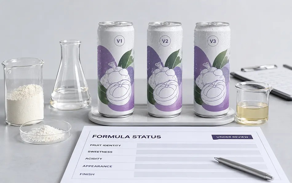 Mangosteen beverage sample versions and ingredient-form options under formula review