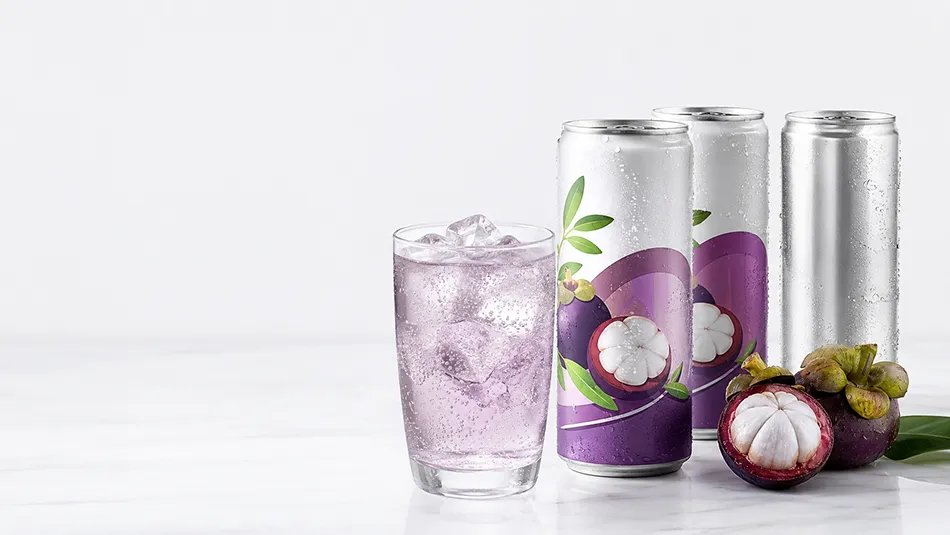 Unbranded 330ml Mangosteen Soda Water concept cans with a silver blank can for OEM project review