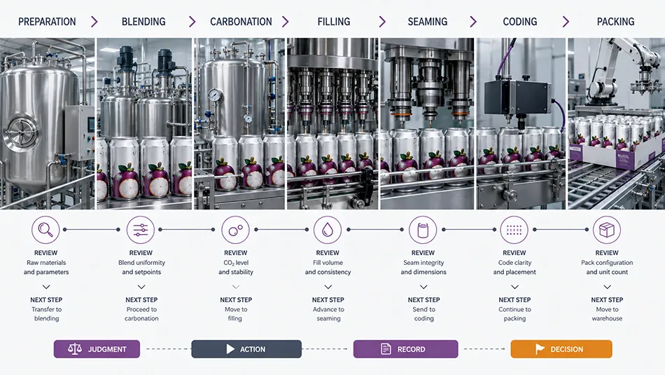 Mangosteen carbonated beverage manufacturing route with review and release checkpoints