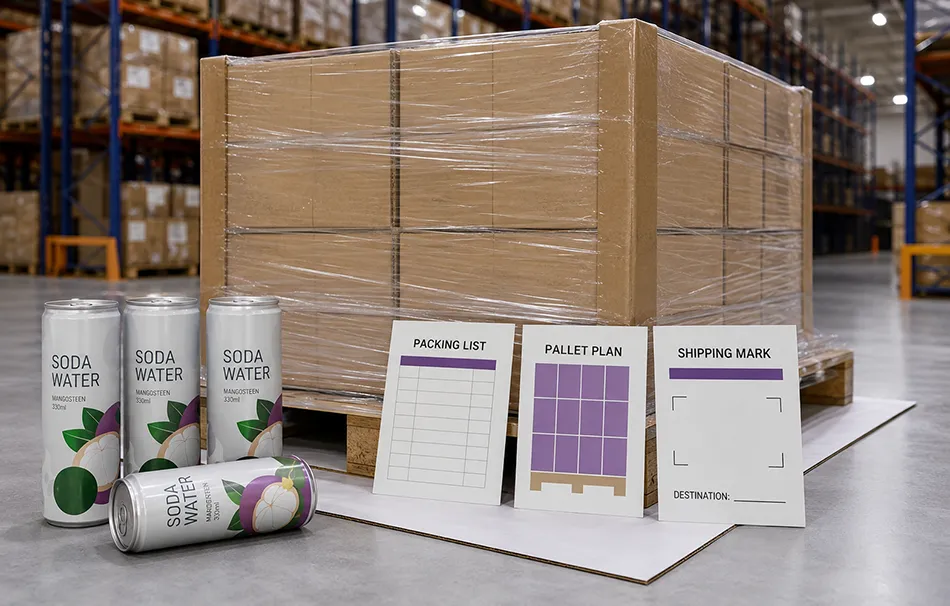 330ml Mangosteen Soda Water cartons pallet plan and shipping marks under export review