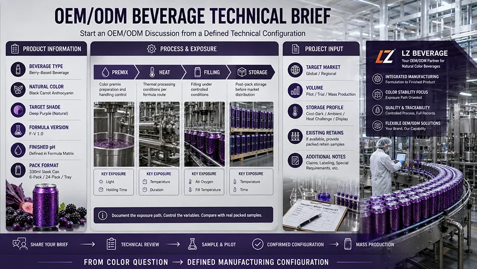 Beverage OEM ODM technical brief connecting natural color stability, formula, pH, packaging and storage requirements
