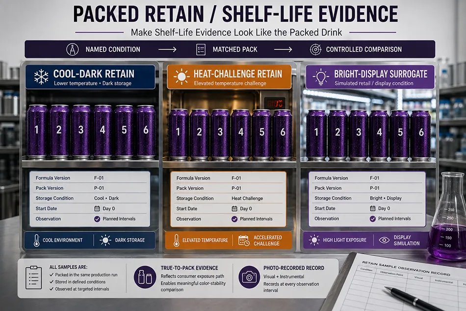 Packed canned beverage retain samples under defined storage conditions for color stability evaluation