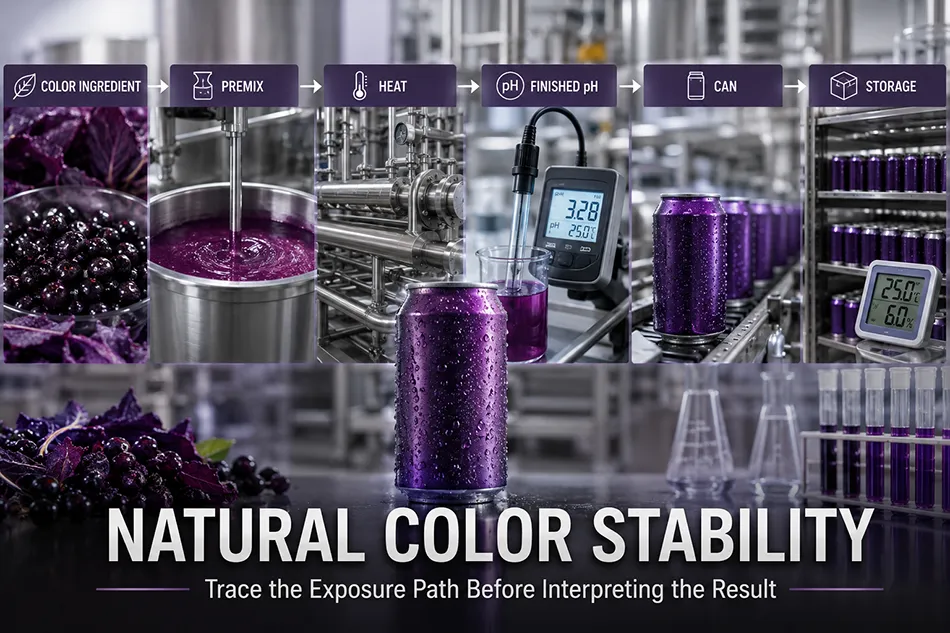 Natural color stability exposure path for a canned beverage from ingredient handling to packed storage