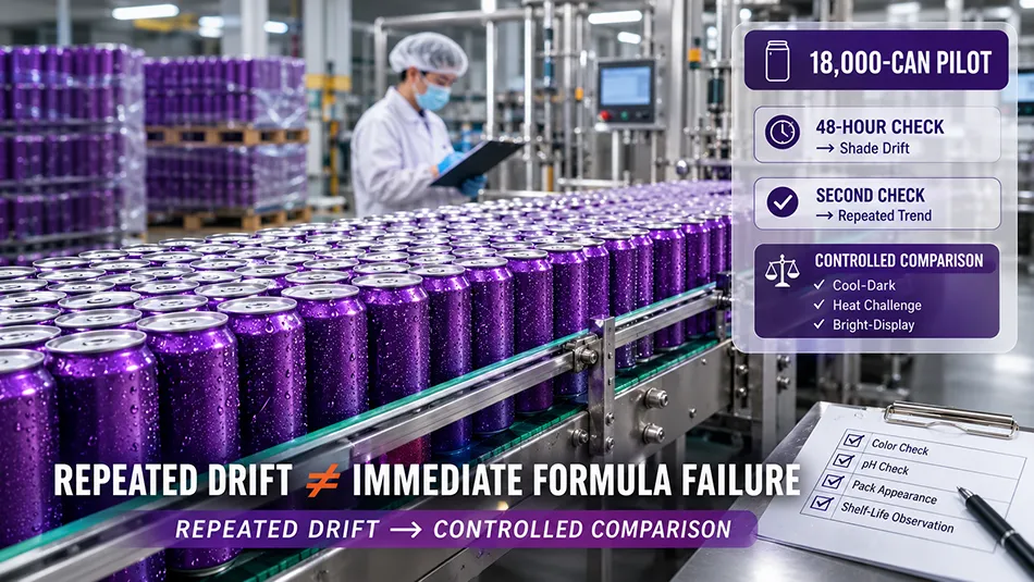 Illustrative 18,000-can purple beverage pilot with controlled color stability comparison