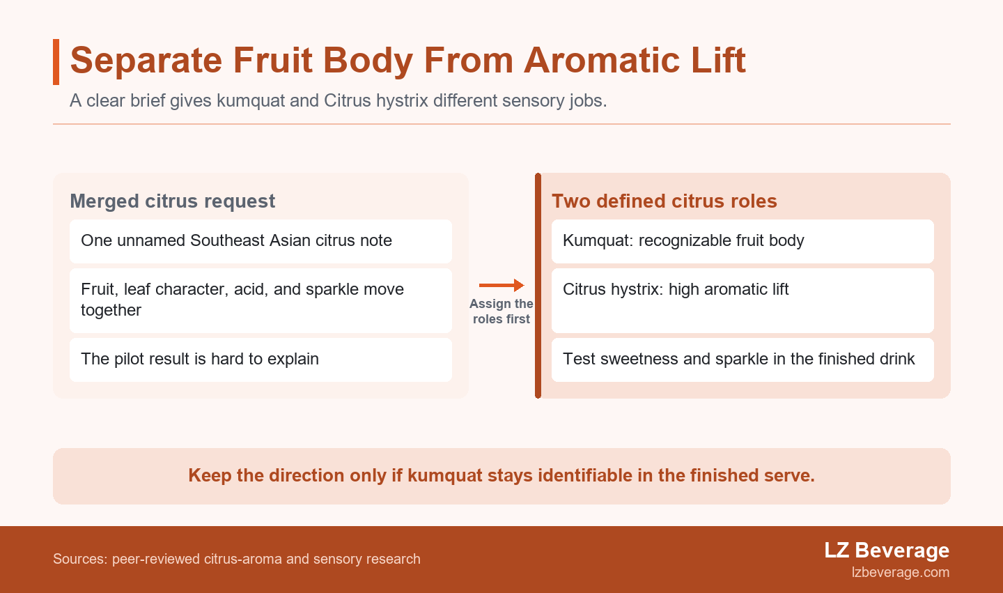 Before-and-after diagram showing a vague kumquat and kaffir lime drink request becoming a clear brief in which kumquat carries fruit body and Citrus hystrix supplies aromatic lift.