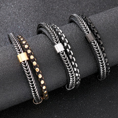 High Quality Punk Men 316L Fine Stainless Steel Braided Leather Bangles Bracelets Jewerly