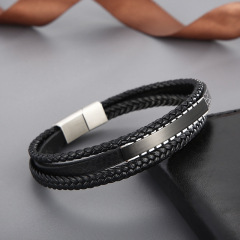 Fashion High Quality Cool Men 316L Fine Stainless Steel Black Leather Bangles Bracelets