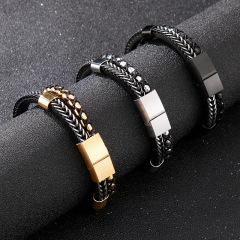 High Quality Punk Men 316L Fine Stainless Steel Braided Leather Bangles Bracelets Jewerly