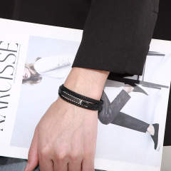 Fashion High Quality Cool Men 316L Fine Stainless Steel Black Leather Bangles Bracelets