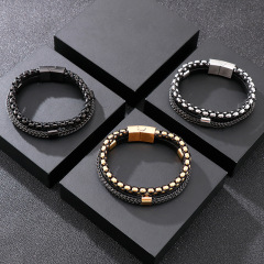 High Quality Punk Men 316L Fine Stainless Steel Braided Leather Bangles Bracelets Jewerly