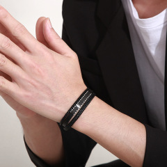 Fashion High Quality Cool Men 316L Fine Stainless Steel Black Leather Bangles Bracelets