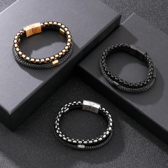 High Quality Punk Men 316L Fine Stainless Steel Braided Leather Bangles Bracelets Jewerly