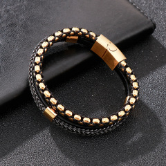 High Quality Punk Men 316L Fine Stainless Steel Braided Leather Bangles Bracelets Jewerly