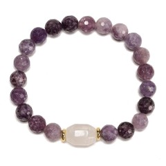 Lilac Lepidolite Faceted Rounds 8mm with White Jade Faceted Nuggets 10x14mm Stretch Bracelet, Sell by Piece