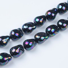 Rainbow Plated Black Baroque Shell Pearl Nuggets, Approx 12x14-13x16mm, 38cm/strand