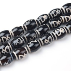 Tibetan God of Wealth Pattern Black dZi Agate Smooth Barrel Drum Beads, Approx 10x14mm, 34-35cm/strand