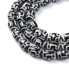 Tibetan Cross Star Pattern Black dZi Agate Smooth Barrel Drum Beads, Approx 10x14mm, 34-35cm/strand