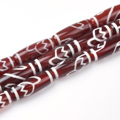 Tibetan Lotus Pattern Red dZi Agate Smooth Barrel Drum Beads, Approx 10x30mm, 29-30cm/strand