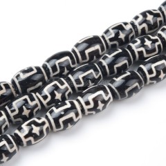 Tibetan Cross Star Pattern Black dZi Agate Smooth Barrel Drum Beads, Approx 10x14mm, 34-35cm/strand