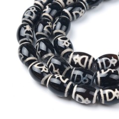 Tibetan God of Wealth Pattern Black dZi Agate Smooth Barrel Drum Beads, Approx 10x14mm, 34-35cm/strand