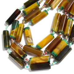 Yellow&Green Lace Agate/Banded Agate Hexagonal Prisms, Approx 12x42mm, 8pcs/strand