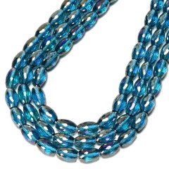 AB Plated Transparent Peacock Blue Glass Faceted Rice Beads, Approx 8x12mm, 38cm/strand