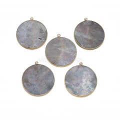 Gemstone Smooth Flat Round Pendant Charms, with Gold Plated Base Metal Findings, Approx 30mm, Sell by Piece