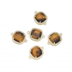 Gemstone Faceted Square Double Rings Connectors, with Micro Pave CZ Gold Plated Base Metal Findings, Approx 13.7mm, Sell by Piece