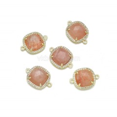 Gemstone Faceted Square Double Rings Connectors, with Micro Pave CZ Gold Plated Base Metal Findings, Approx 13.7mm, Sell by Piece