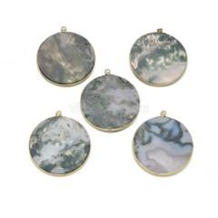 Gemstone Smooth Flat Round Pendant Charms, with Gold Plated Base Metal Findings, Approx 30mm, Sell by Piece