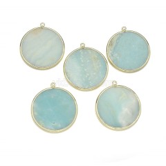 Gemstone Smooth Flat Round Pendant Charms, with Gold Plated Base Metal Findings, Approx 30mm, Sell by Piece