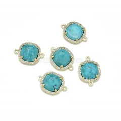 Gemstone Faceted Square Double Rings Connectors, with Micro Pave CZ Gold Plated Base Metal Findings, Approx 13.7mm, Sell by Piece