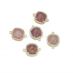 Gemstone Faceted Square Double Rings Connectors, with Micro Pave CZ Gold Plated Base Metal Findings, Approx 13.7mm, Sell by Piece