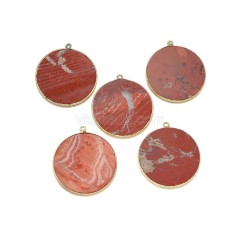 Gemstone Smooth Flat Round Pendant Charms, with Gold Plated Base Metal Findings, Approx 30mm, Sell by Piece