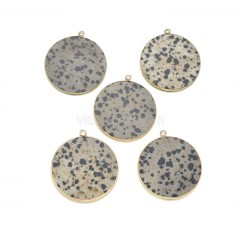 Gemstone Smooth Flat Round Pendant Charms, with Gold Plated Base Metal Findings, Approx 30mm, Sell by Piece