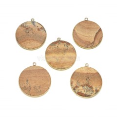 Gemstone Smooth Flat Round Pendant Charms, with Gold Plated Base Metal Findings, Approx 30mm, Sell by Piece
